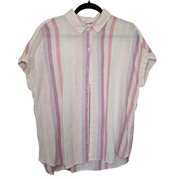 Beach Lunch Lounge Linen Blend Striped Button Down Beachy Shirt Large Preppy - Picture 1 of 11